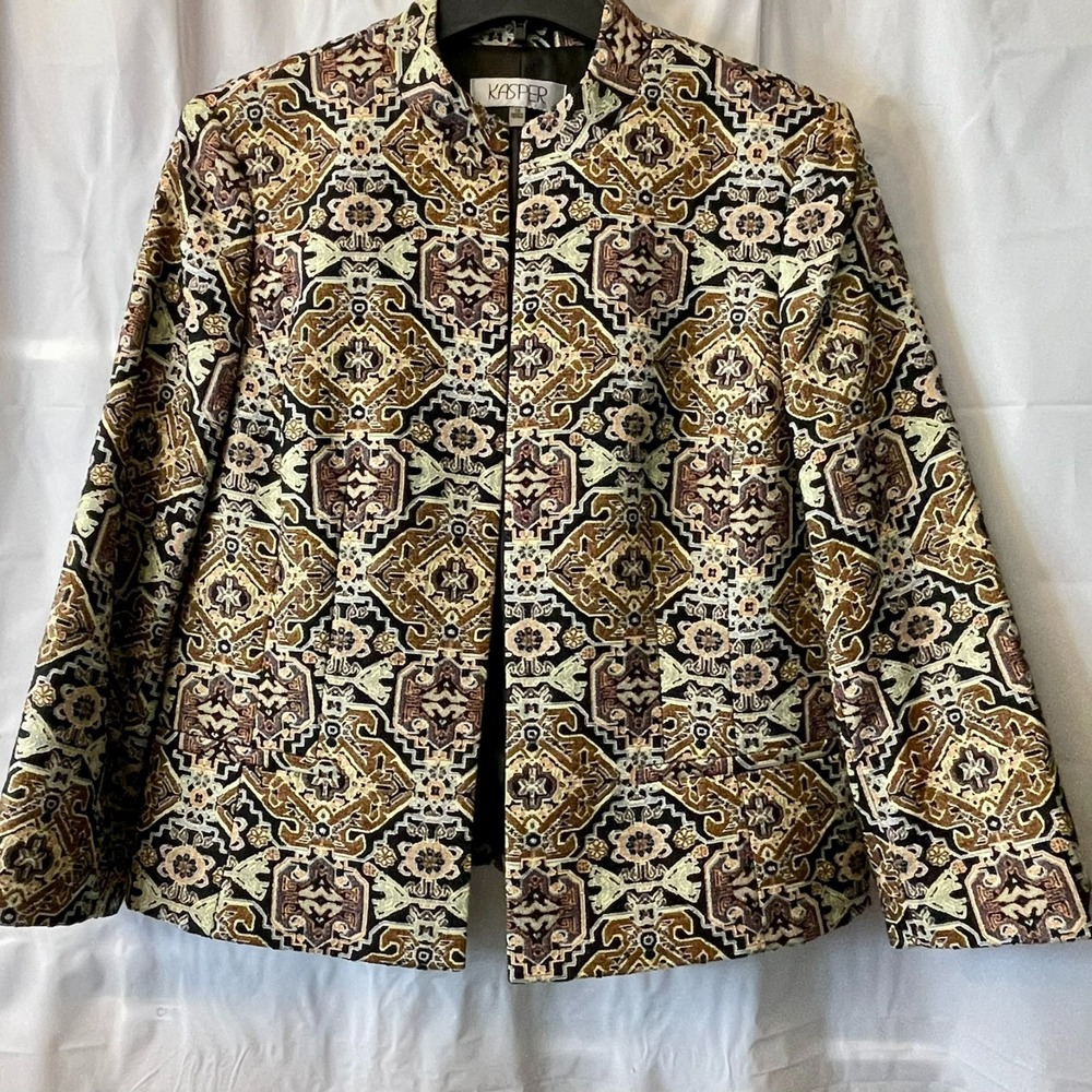 Kasper Women Tapestry Jacquard Open Front Career Blazer Jacket Sz‎ 14 Boho Indie